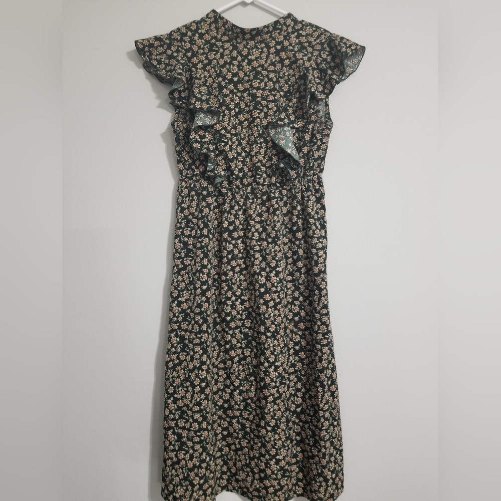 Floral Ruffle Sleeve Dress With Vintage Print